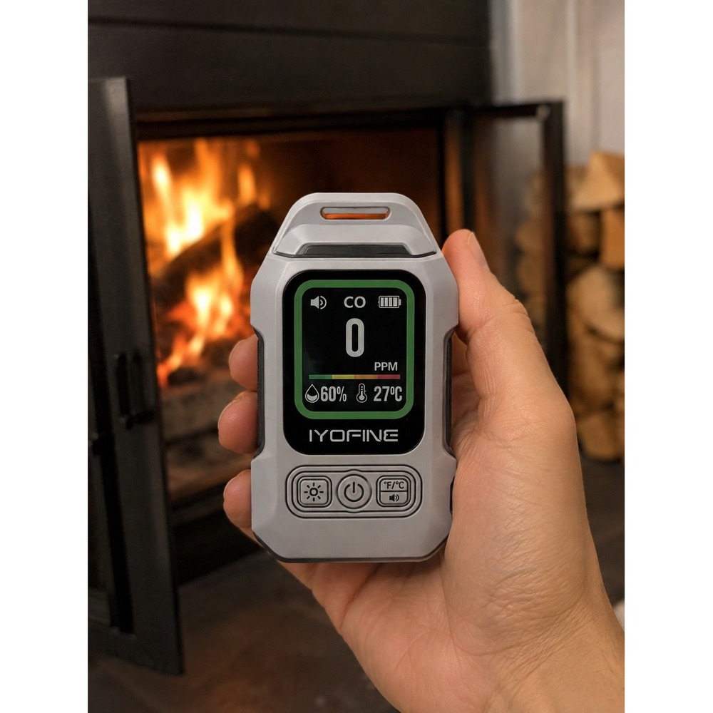 New IYOFINE 3-in-1 portable carbon monoxide detector with digital display.